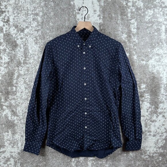 Zara Shirt Medium Blue Navy Slim Long Sleeve Arrow Print Oxford Button Casual - Picture 1 of 7